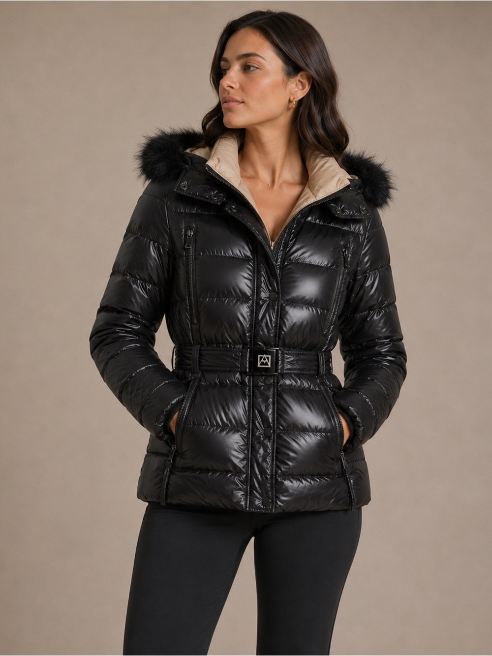 Avalanche Shiny Black Belted Puffer Jacket Size Small